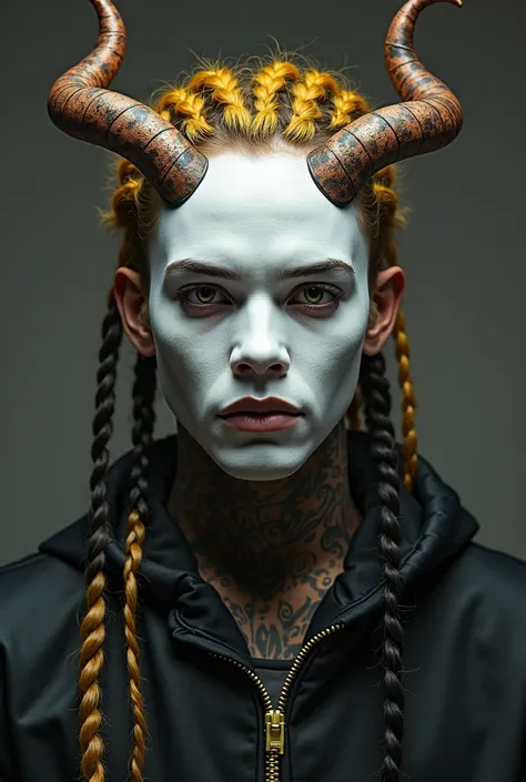 I want you to create an image of a person who looks like rapper xxxtentacion, But that he has a white mask that covers his face, Hair yellow and black braids, and I also want it to have some horns. Let it have a dark and demonic touch