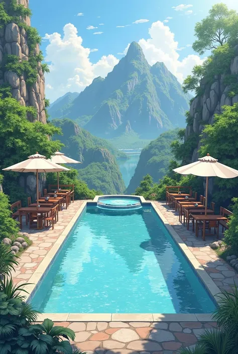 design a rectangular pool with hot springs, with a view of a mountain and around the pool are tables with umbrellas