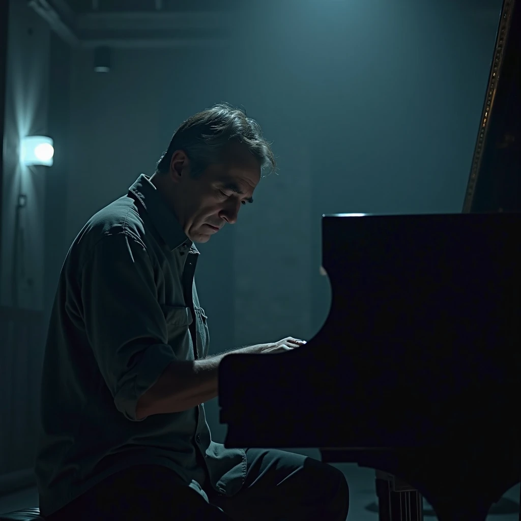 a depressed man in a music studio writing a sad song, detailed facial features, melancholic expression, sitting at a piano, hands on the keys, dim lighting, moody atmosphere, cinematic lighting, dramatic shadows, professional photography, high resolution, ...