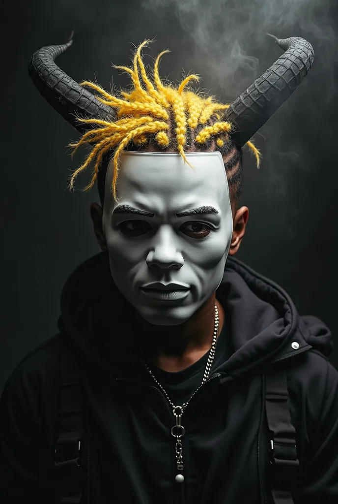 I want you to create an image of a person who looks like rapper xxxtentacion, But that he has a white mask that covers his face, Hair yellow and black braids, And I also want it to have some horns. Let it have a dark and demonic touch. On a black backgroun...