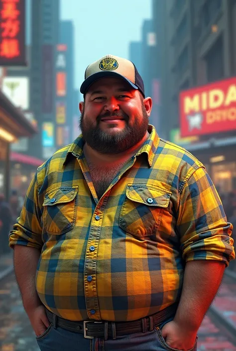 Chubby guy in yellow and blue plaid shirt with trucker cap version GTA