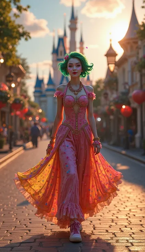 Snow white fusion hibrid of Joker, walking, front  view, Disney Pixar style, intricate details, cinematic render, by Eli Roth, Disney castle in,background, beautiful sunny day, warm and cozy lighting, masterpiece, creative, neon colors, colorful, luminous,...