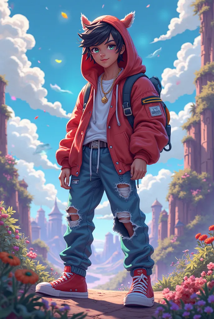 An anime character of a young rapper in a realm outside imagination with adventure costume