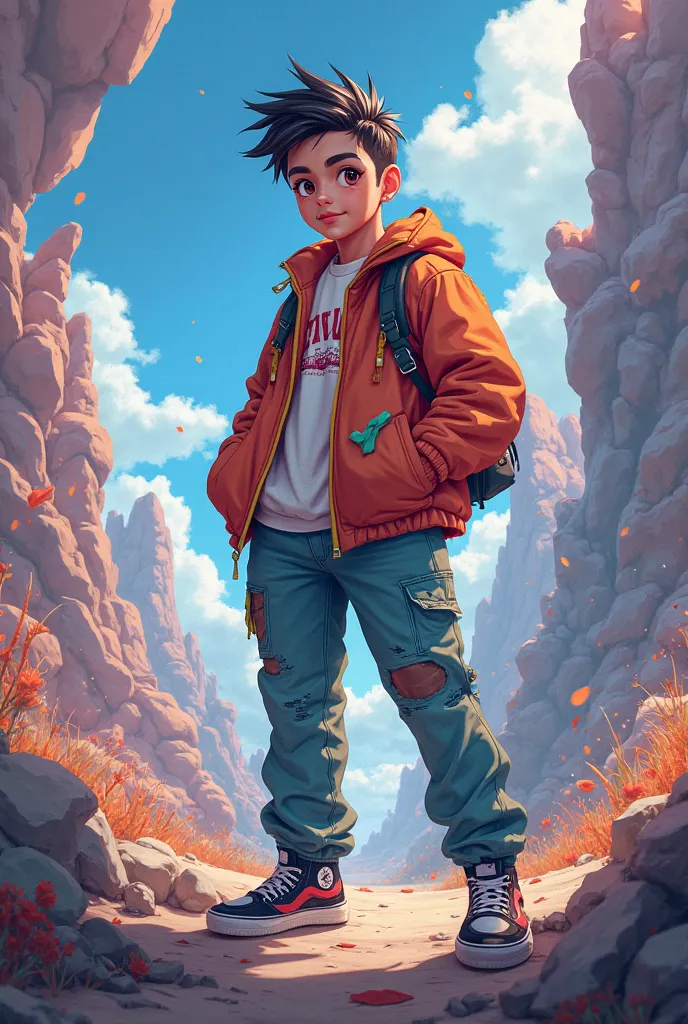 An anime character of a young rapper in a realm outside imagination with adventure costume