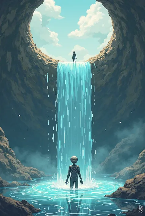 Draw me a hole with water pouring into it and a man with a circular head and a line on his foot and hand coming out of the hole. An imaginary scene. anime