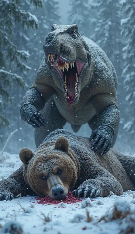 "A fierce battle in a dark, frozen forest. A dominant theropod dinosaur stands victorious, its powerful frame covered in battle scars, its mouth open in a triumphant snarl. Its intense eyes reflect dominance as it places one blood-stained claw over its fal...