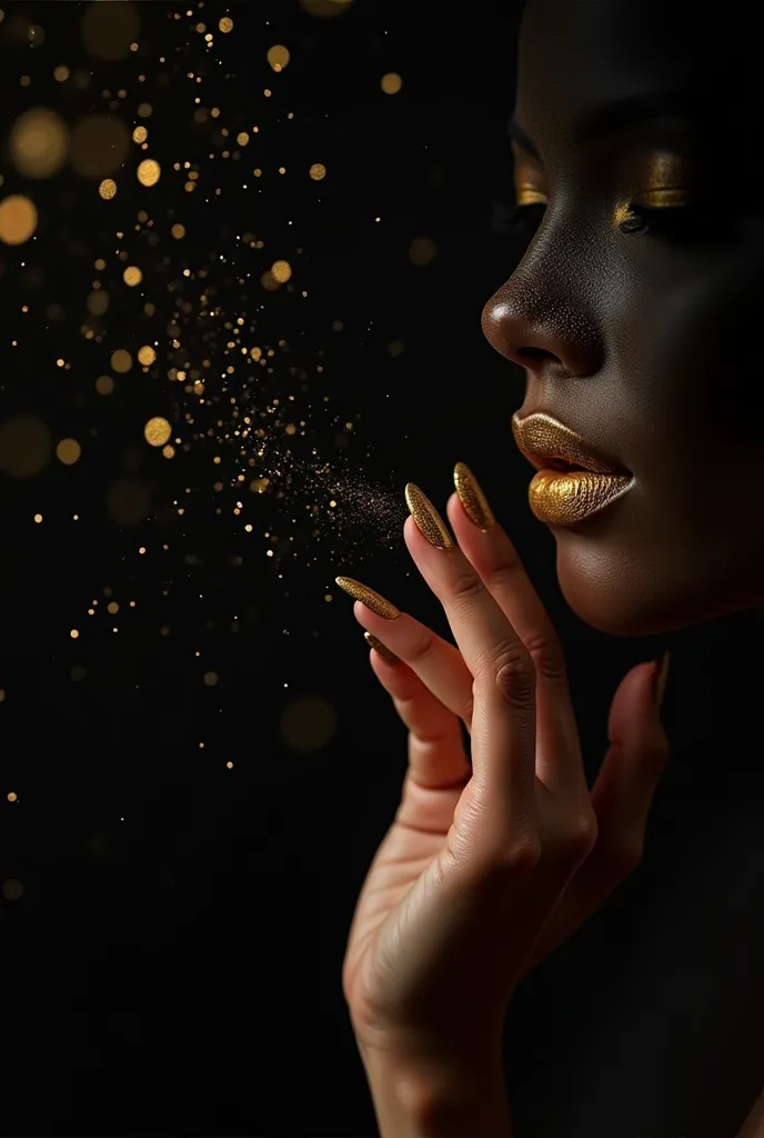 
“Create an artistic and sophisticated image with black background and gold details.  In the corner of the image , a woman dressed in profile rests her hand delicately on her face, near the mouth. Gold powder shines on your fingers and your skin, falling s...