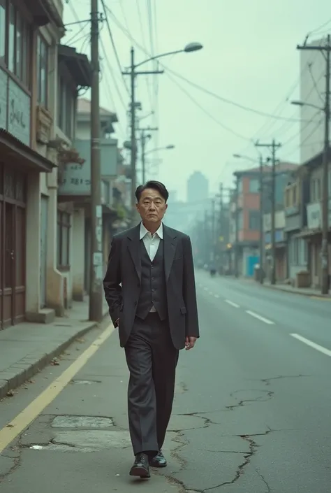 A photo of a Korean  from the 1980s, depicting Choi Sung-wa, walking alone on a deserted street.