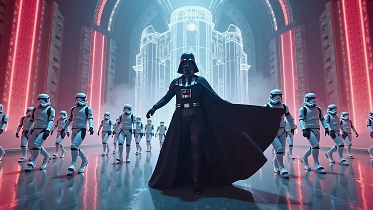 A cinematic shot of an elaborate K-pop video in which Darth Vader is dancing with storm troopers as his back-up dancers. they are in the middle of a synchronized dance move. 