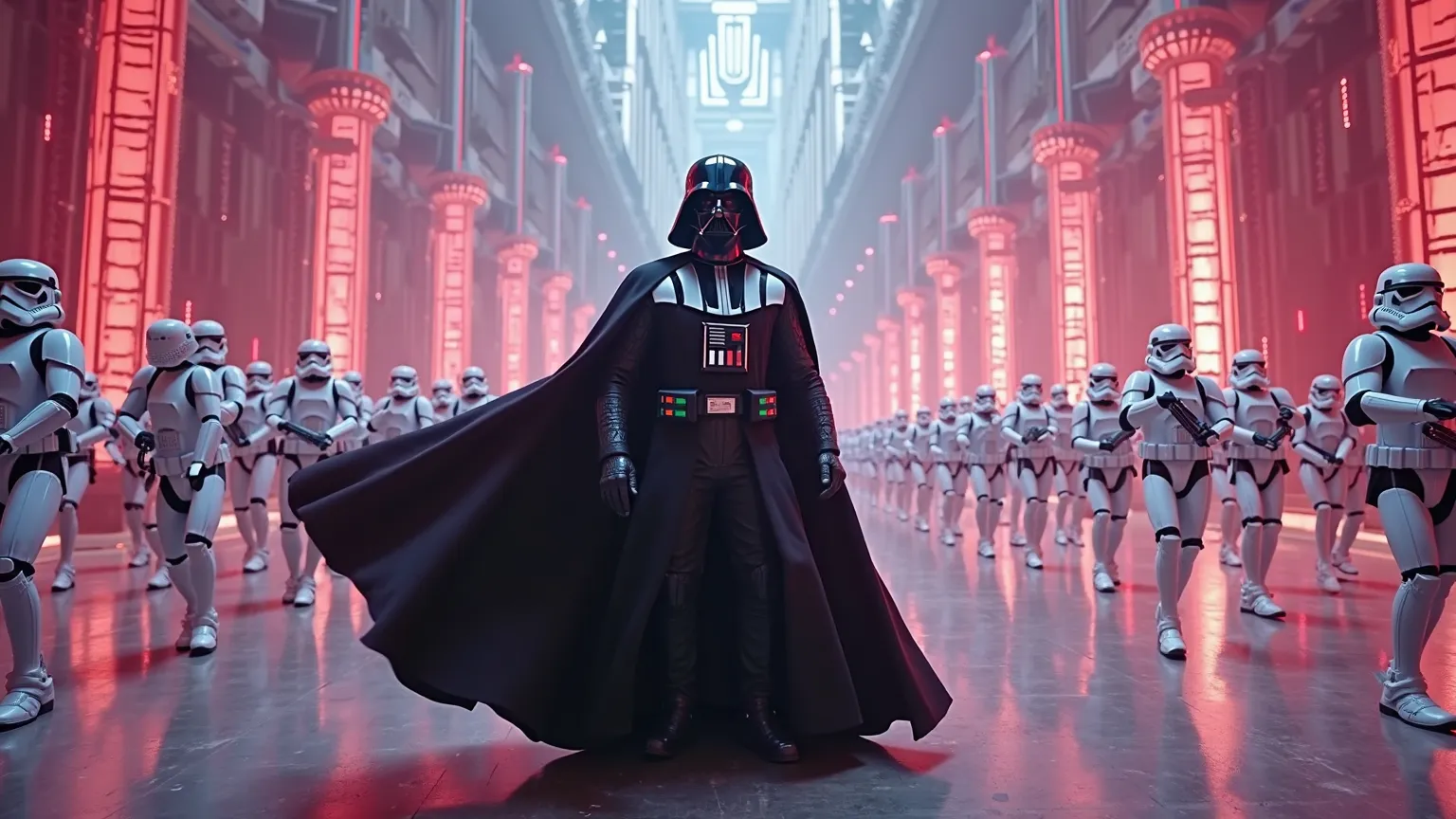 A cinematic shot of an elaborate K-pop video in which Darth Vader is dancing with storm troopers as his back-up dancers. they are in the middle of a synchronized dance move. 