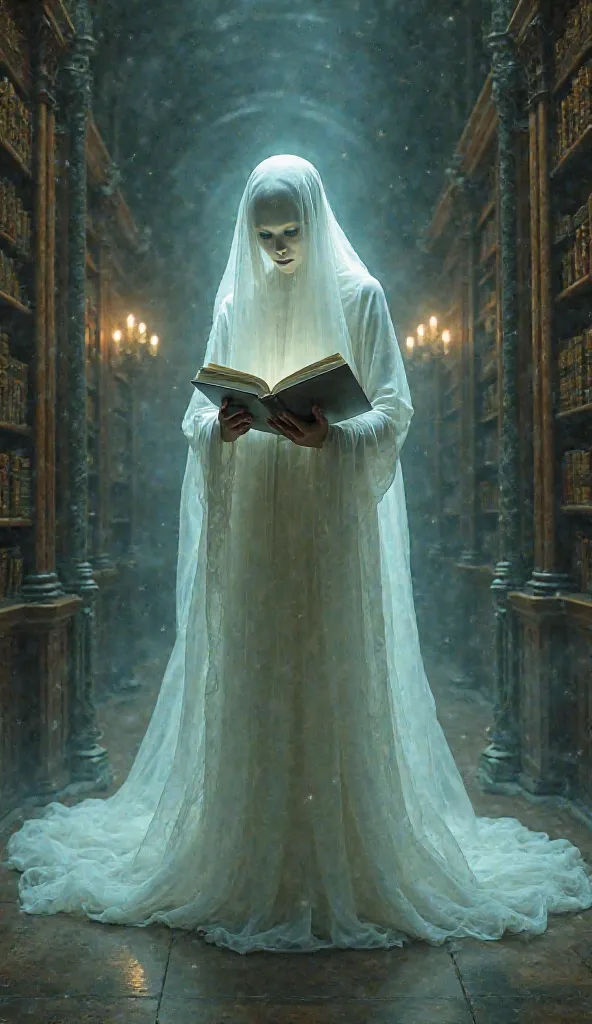 high resolution, masterpiece,  Precise, The best quality, HD model, Ghost in the library reading a book 