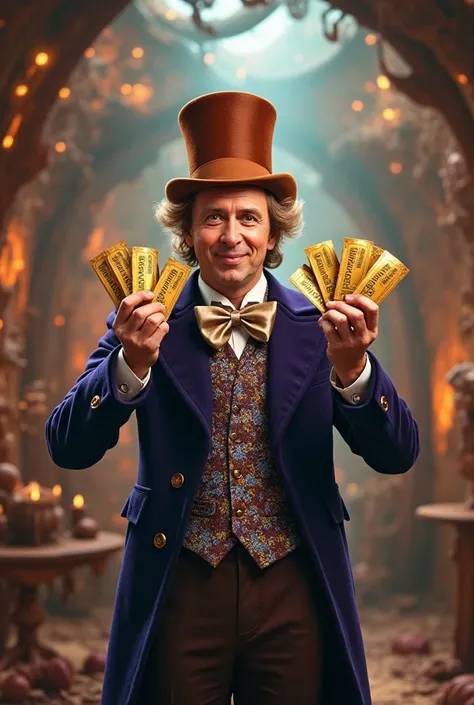 Create Willy Wonka with 5 golden tickets in his hand and that all his clothes are dark blue