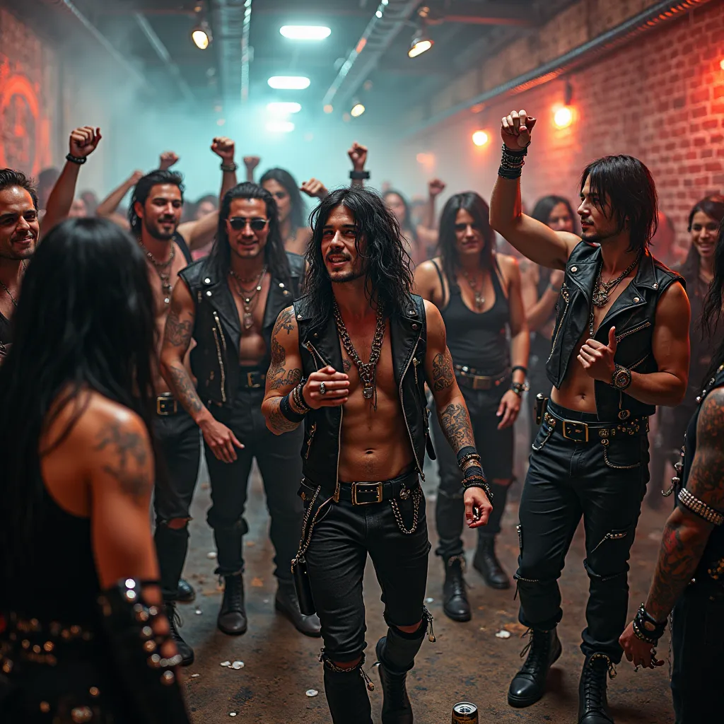 Group of rockers and heavy metal,  men and women , enjoying a wild party 