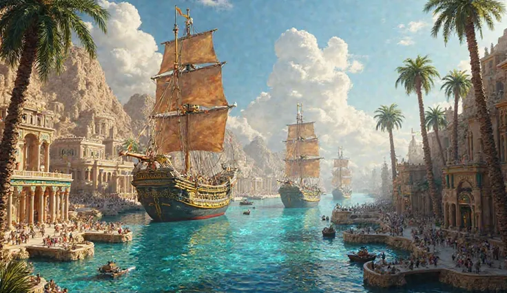 Heracleion’s harbor with massive ships, Egyptian architecture, and palm trees.