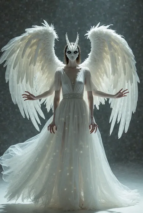 Dancer with white silk wings dressed in white as a demon inspires fear white mask on her face you can't see her mouth 