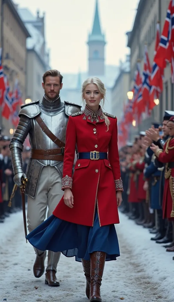 In Oslo, a Norwegian princess glides elegantly through the city center, greeting the people with a captivating smile. Her pale skin contrasts beautifully with her platinum blonde hair, tied in a sophisticated braid. Her dress uniform, a red military jacket...