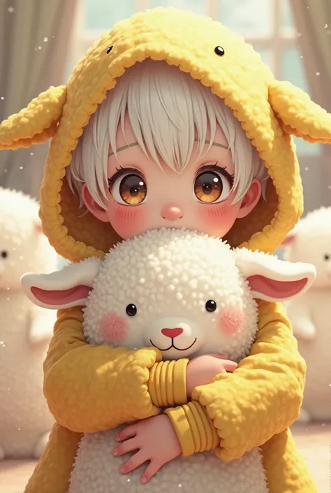 Boy wearing an opaque yellow lamb sweater and hood with white hair and lenses hugging a plush toy huge image from anime or drawing