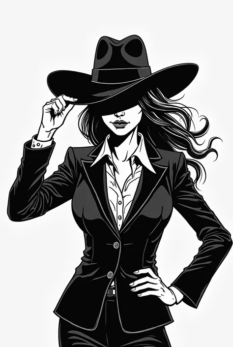 Woman with a large hat completely covering her face, with loose hair, dressed in a suit, flexing his left arm upwards, black and white comic drawing 