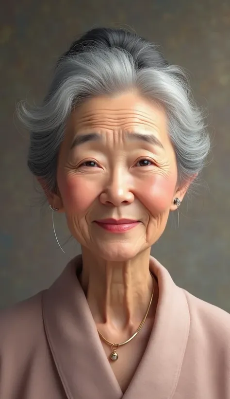 Beautiful gray-haired Asian granny is wearing a hearing aid hooked behind her ear 