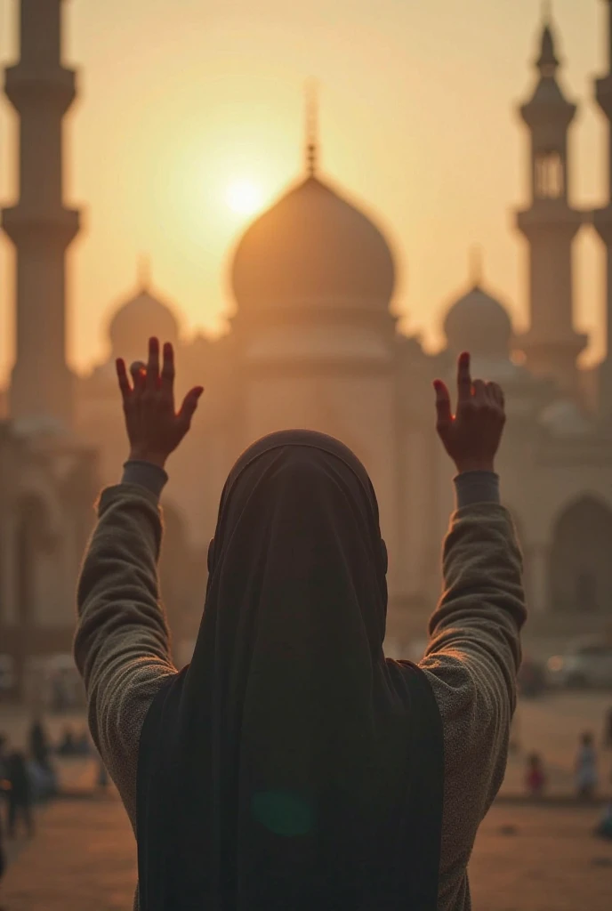 “A calm and beautiful scene of a person making dua (hands raised in prayer), with a peaceful background such as a mosque or nature. The atmosphere should feel hopeful, showing submission and trust in Allah’s will.”
