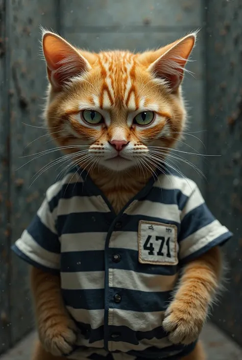 A yellow cat wearing prison suit