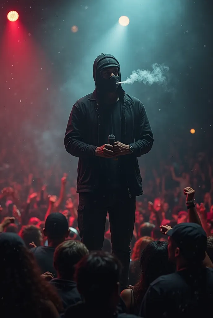 A dark skin male smoking at the stage with fans watching with mic on his hands putting on a ski mask