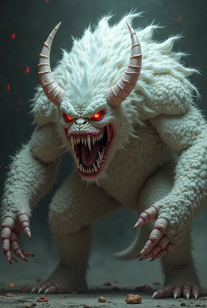 A white-haired monster with red, eyes with many sharp teeth and a fan ventilating its fur
