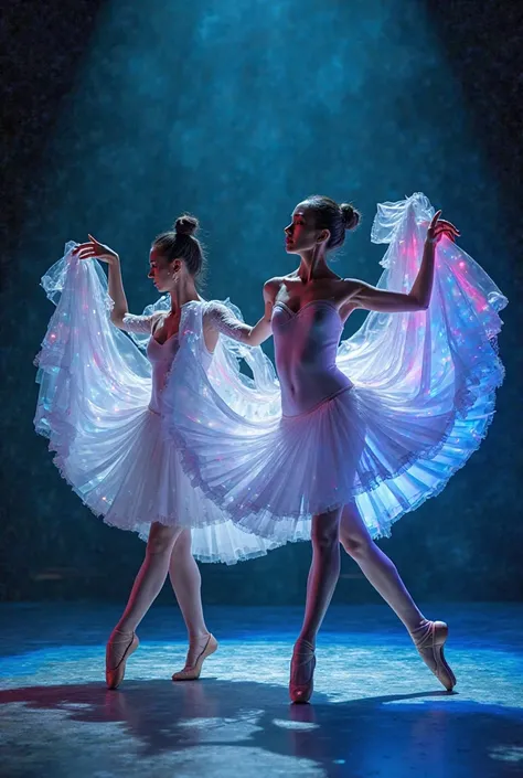 Two ballerinas with LED fan veils dance in the dark