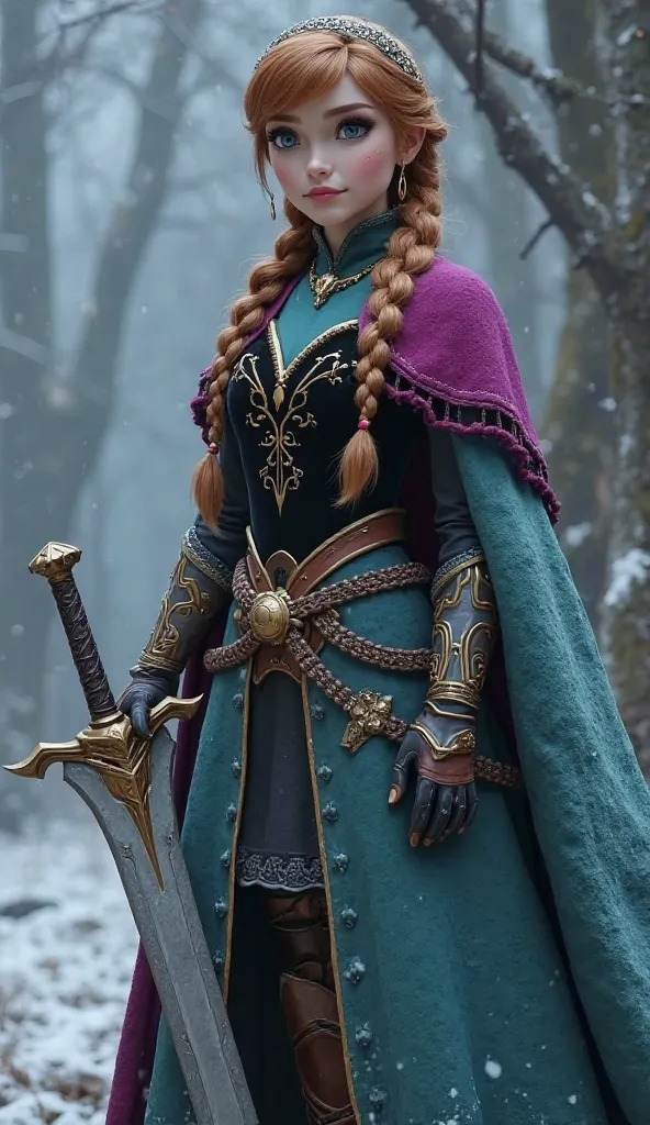 ((Photorealistic)) Frozen - "Princess Anna" and a World of Warcraft Paladin Hybrid character that wield a "Gratsword of Power", the character is in a forgotten sanctuary, full-body view. Anna has light brown hair in a braid.