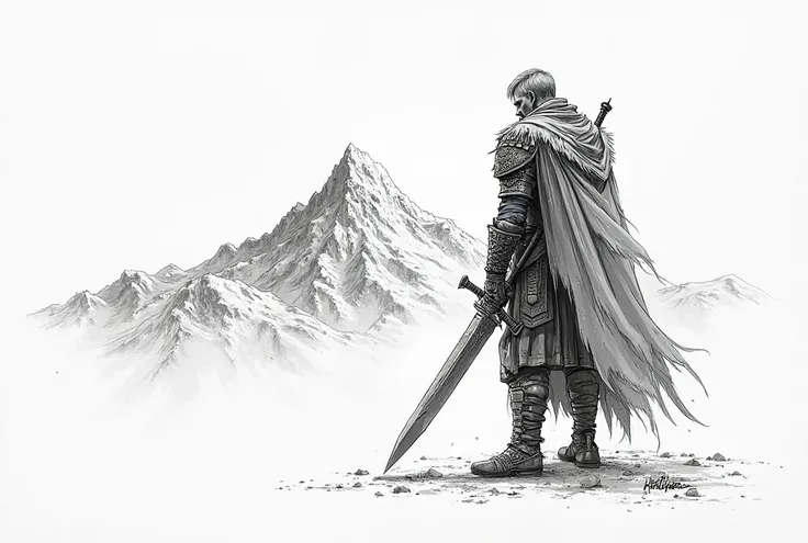 A warrior standing down and looking at summit novel sketch with white background 