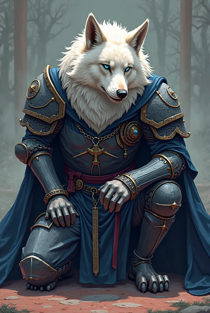 cartoon，Wolf head，white fur，black stubble，blue eyes，has a scar on the eyebrow，Knight costume，Get down on one knee， black cape，Shirao