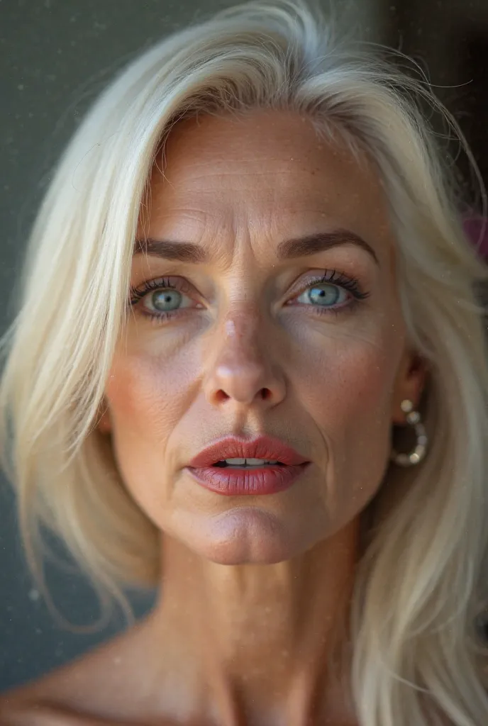 Photorealistic 8K photographic quality, women's skin has to have all the details. Close-up of the face of a beautiful 55-year-old woman, platinum blonde hair, straight half hair, very distinguished body, blue eyes, red lips.. His mouth is open, full of clo...