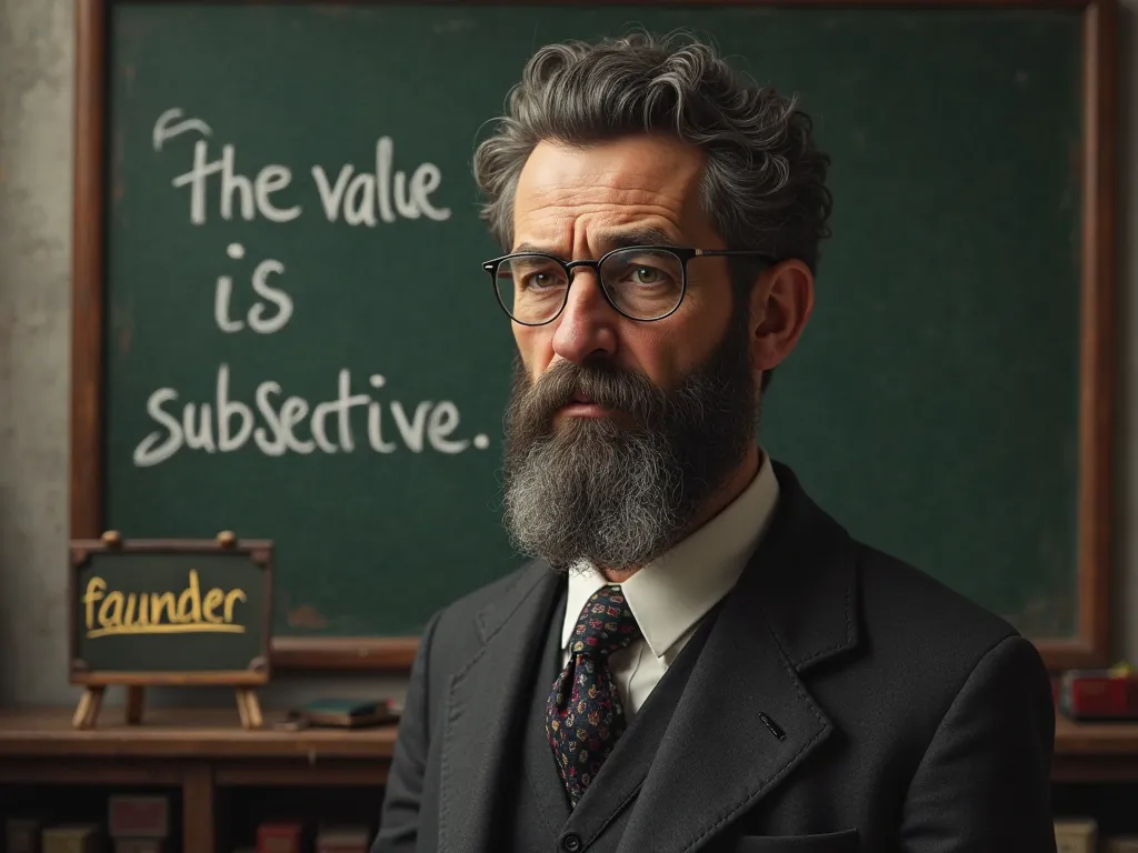 Portrait of Carl Menger with a sign of " founder " and a blackboard with the phrase "The value is subjective".