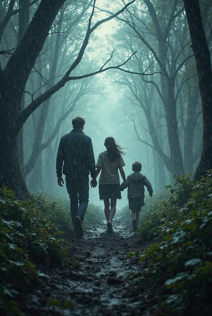 A family of three running through a stormy forest, searching for shelter.