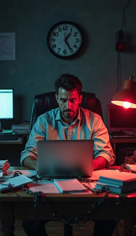 "A man in his mid-30s is sitting at a cluttered desk in a dimly lit room, his hands chained to the desk, symbolizing his slavery to the work. His face is tired and worn out, with deep dark circles under his eyes, showing the exhaustion of endless work. He ...