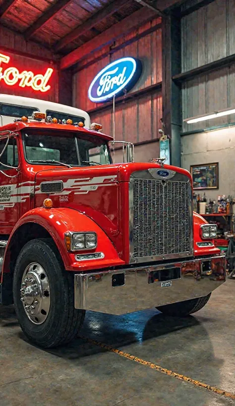 Vehicle: Ford LTL 9000 | Color: Candy Apple Red with White Racing Stripes | Far Distance/Showroom. Engine Powerhouse
“Cinematic cross-section render: Caterpillar 350HP engine with holographic ‘Cargo Star Suspension’ labels. Distant truck in a 1970s garage,...