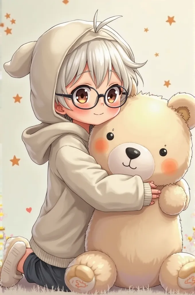 Boy wearing a bone-white lamb sweater and hood with white hair and glasses hugging a huge plush toy, anime image or drawing