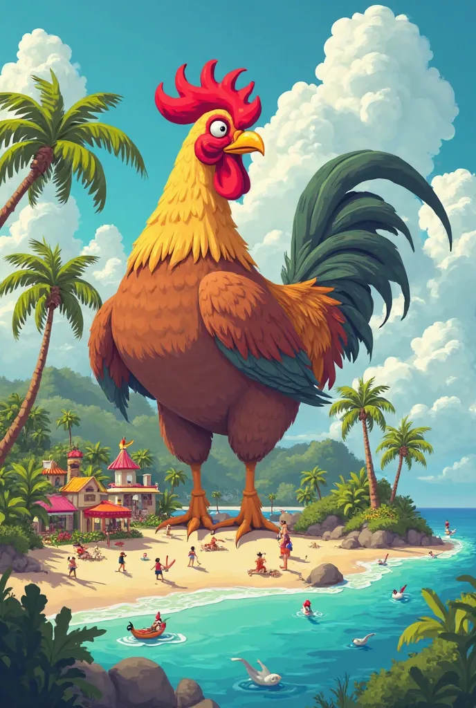 Create a cartoon image of an island, where huge chickens live and eat people