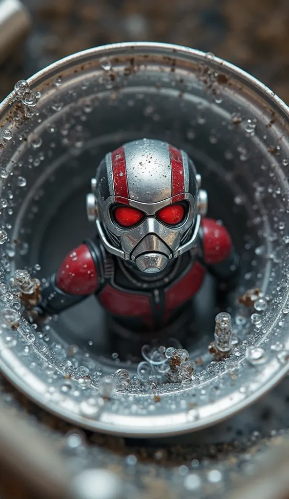 Ant-Man shrinking down but accidentally getting stuck in a soda can, banging on the metal walls yelling 'SOS', ultra-detailed macro perspective.