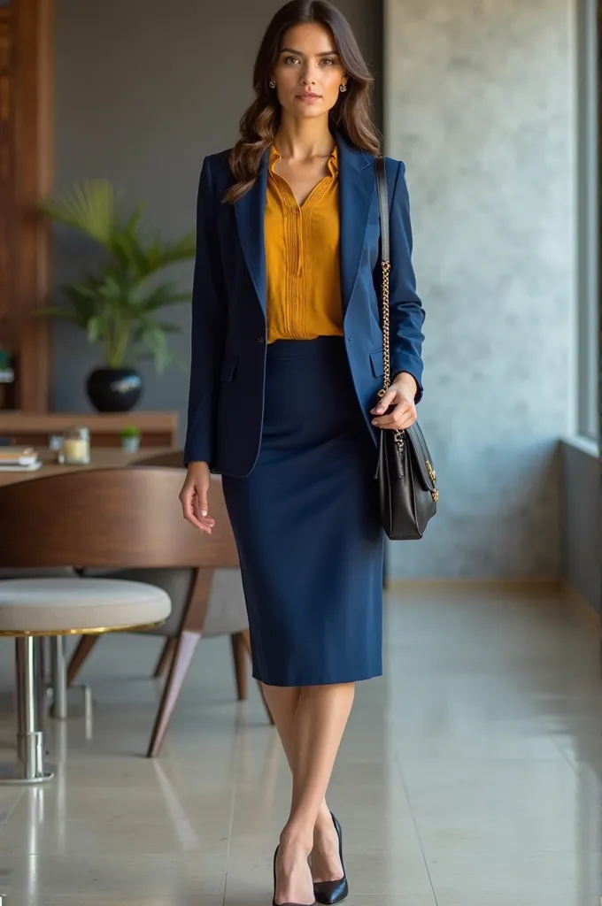 Blue women's suit with mustard blouse
