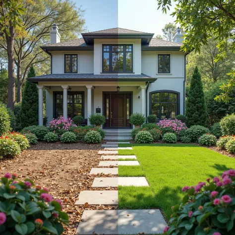 A split-view image showcasing a 'before and after' transformation of a front yard garden in front of a luxurious, modern house. On the left side, the 'before' section appears neglected, with overgrown grass, dry and patchy soil, scattered weeds, fallen lea...