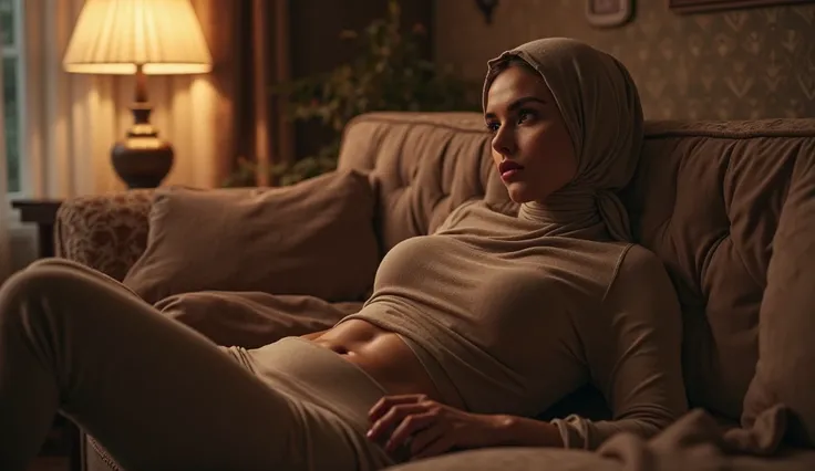 A woman with hijab, naked nude body, little fat body, tight legging, tight shirt, Sexy, in the bedroom, on the sofa in a living room with a men.