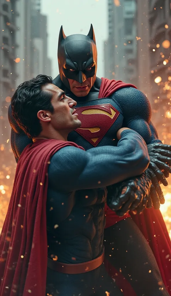 Superman being hugged too tightly by a supervillain with unbreakable arms, unable to escape, awkwardly whispering 'SOS' to Batman, dramatic but humorous expression.