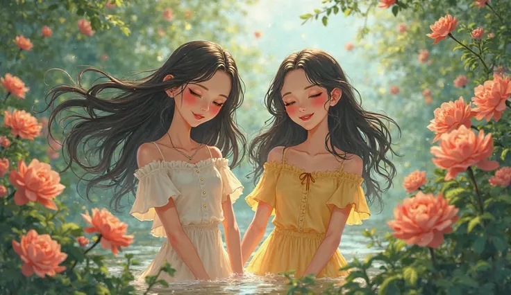 Girls are two joyful in paradise.
Dressed in closed dresses.  hair flowing . Everything blooms.
Real girls alive
All short sleeve dresses
Modestly dressed