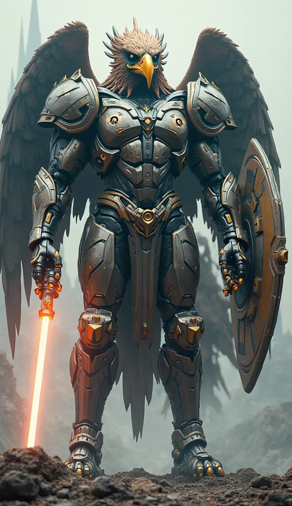 Ek giant eagle-headed warrior, jo futuristic armor paaye hoya hai, haath vich energy shield te laser sword hai.