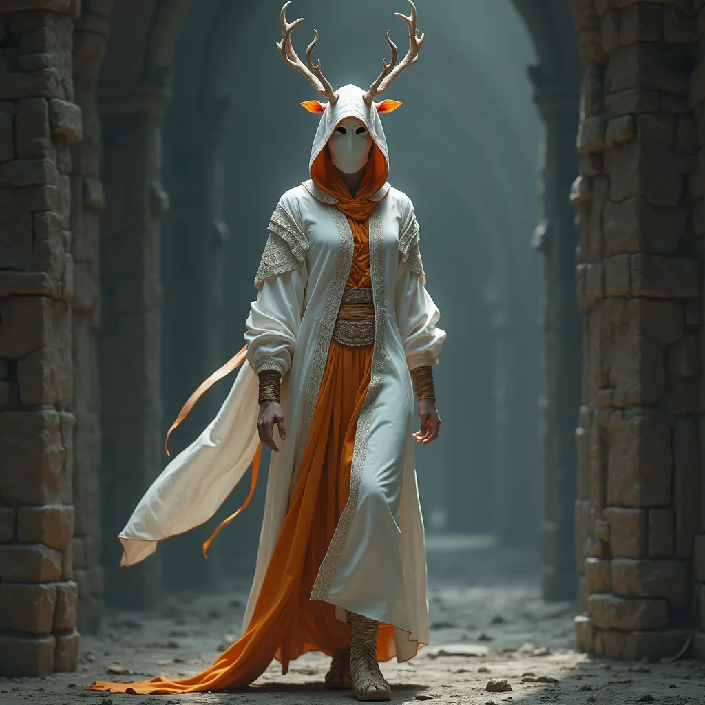 An assasin in white robes with orange features wearing a white mask with deer antlers