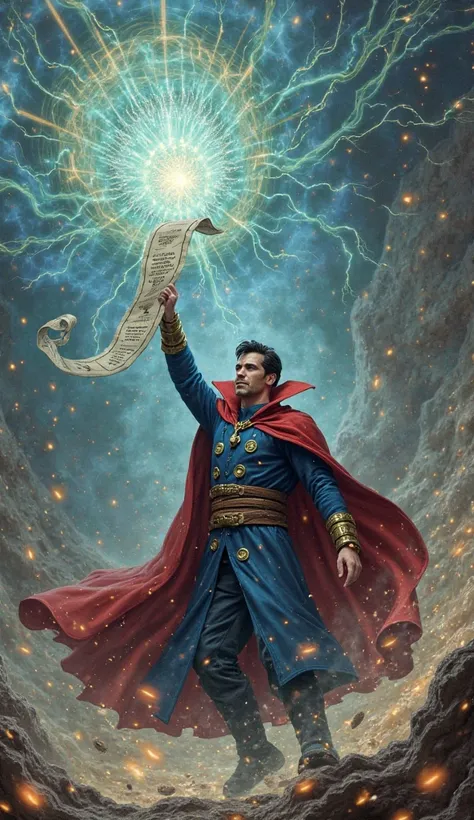 Doctor Strange in a mystical battle, accidentally summoning a creature he cannot control, holding up an 'SOS' spell scroll while dodging attacks, high-detail magic effects.