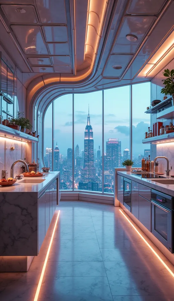 a futuristic AI city kitchen with a view of skylines with neon lights, intricate architectural details, floor-to-ceiling windows, holographic displays, minimalist furniture, chrome accents, glowing panels, levitating objects, warm ambient lighting, cinemat...