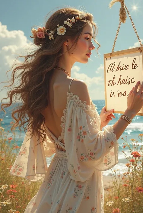  A beautiful girl with long wavy hair ，wearing a bohemian dress， Hand written “I Love Sea” Art Infinity” Whiteboard for text，and show the audience