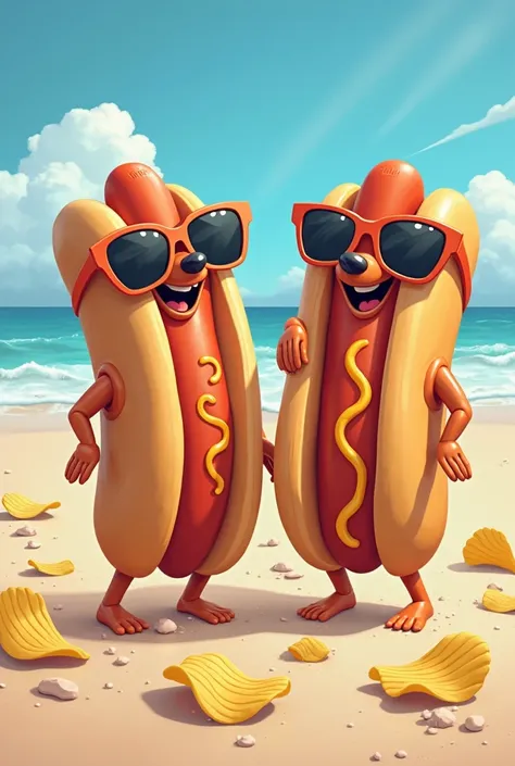 CARTOON OF HOT DOGS WITH CHIPS AND SUNGLASSES